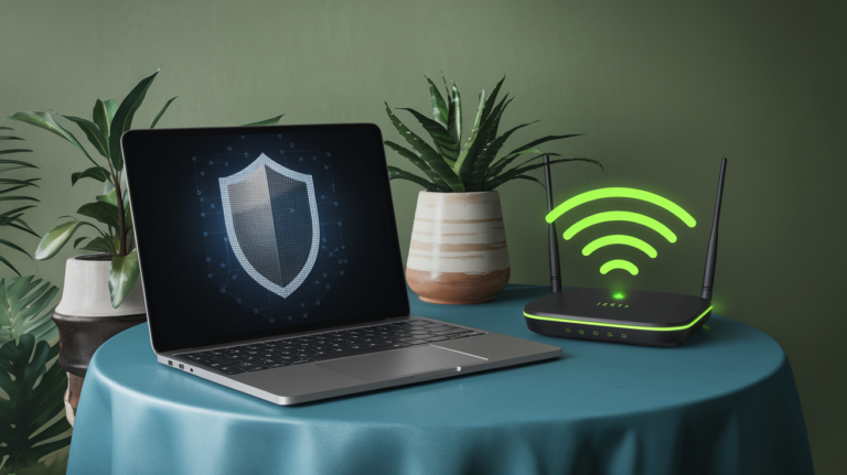 Home setting with a laptop and Wi-Fi router on a table, with a shield icon symbolizing Wi-Fi security.