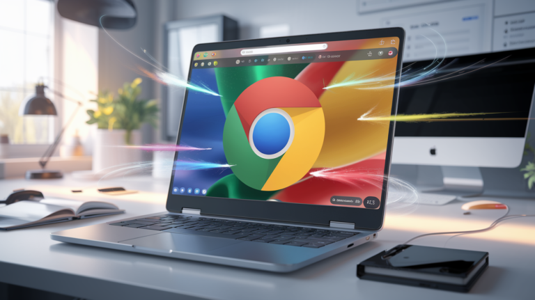 A sleek, modern laptop with Google Chrome browser open, vibrant colors representing the Chrome logo, in a well-lit workspace with speed lines symbolizing fast performance.