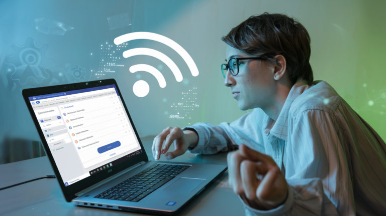 Person at a desk with a laptop searching for a WiFi password, with WiFi signals and technology icons around.